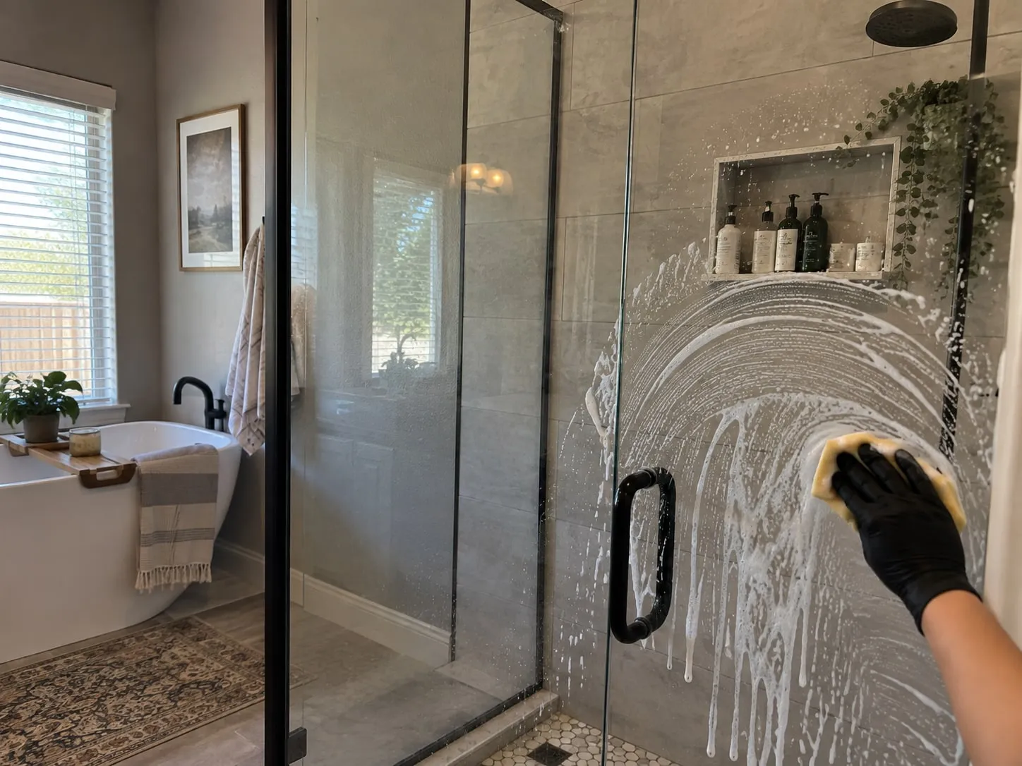 Cleaner scrubbing mineral buildup from a shower door during a deep clean in Fort Worth, TX