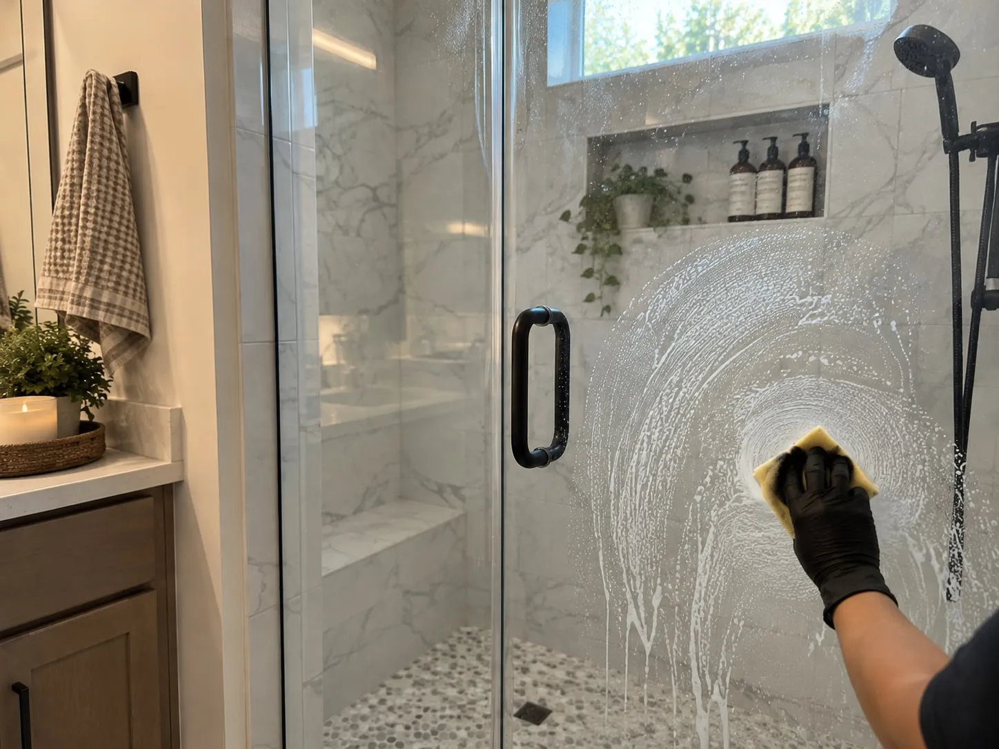 Cleaner scrubbing hard-water buildup off a glass shower door during a deep cleaning in Frisco, TX