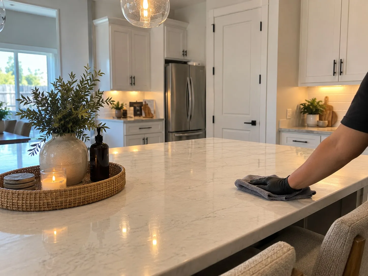 House cleaner wiping down a marble kitchen island during a recurring house cleaning in Frisco, TX