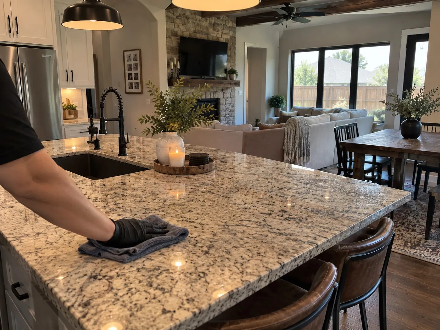 Cleaner wiping down kitchen counters during a standard house cleaning in Fort Worth, TX
